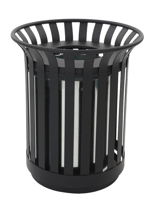 Large 69 litre capacity external litter bin.  Black powder coated steel with throw away circular aperture in the centre for 360° disposal