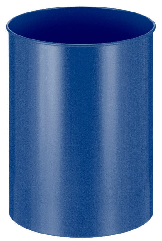 Powder coated steel circular litter bin with large throwaway opening, finished in blue