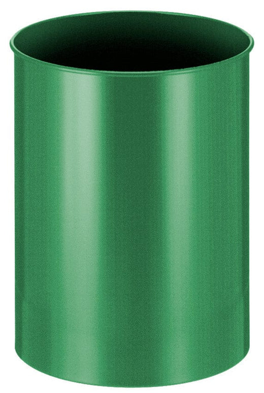 Green circular waste paper bin, small base footprint with large throwaway opening