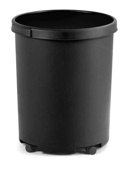 Plastic waste paper bin with tapered design and optional wheels for transportation