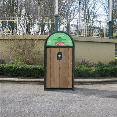 Large wheelie bin covering in location with front on view showing with lime green mixed recycling propeller