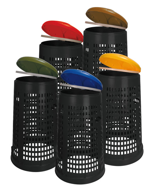 group shot of 5 ruff bins showing each of the coloured lids available, red, blue, green, yellow and brown