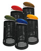 group shot of 5 ruff bins showing each of the coloured lids available, red, blue, green, yellow and brown