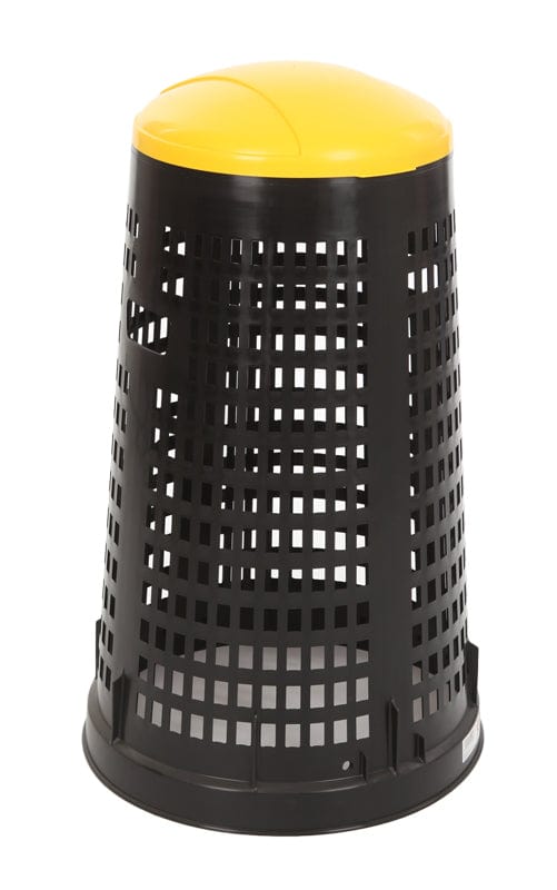 Black perforated litter bin complete with yellow lid option