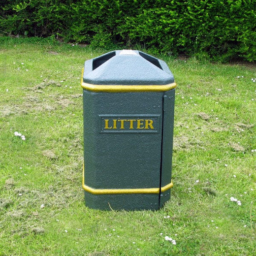 Square glass fibre composite litter bin, with decorative banding to the top and bottom.  Featuring a peaked lid and ashtray, complete with Litter text plate