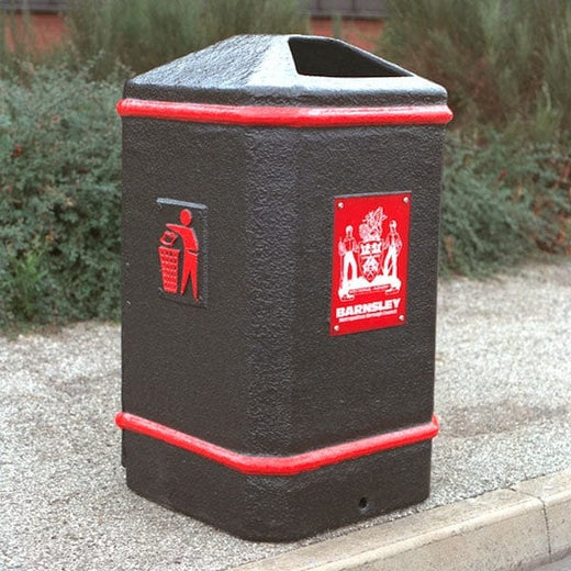 Black glass fibre composite litter bin with tidy man logo in red and custom council graphic, finished off with red council beading