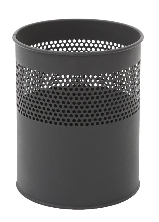 Grey metal waste paper basket with open aperture and semi perforated design