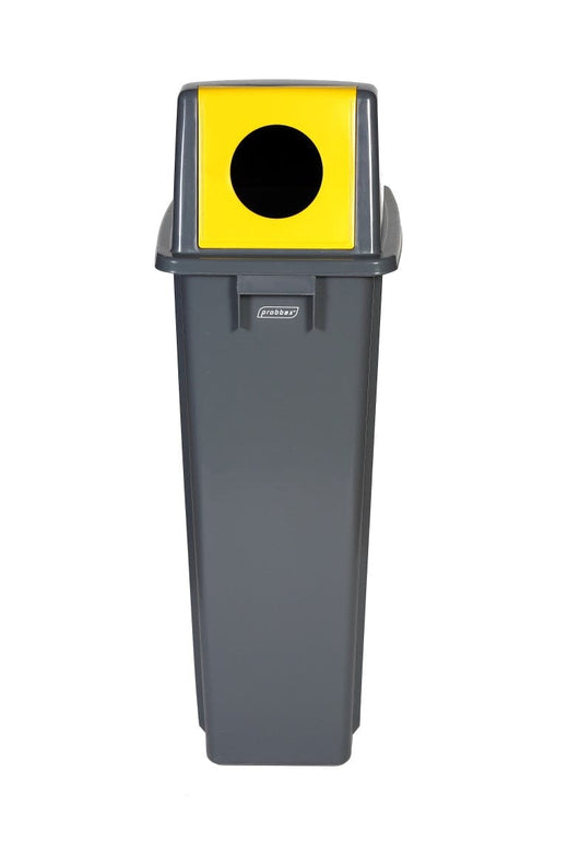 Slim profile recycling bin with grey body with a domed lid, yellow front with hole aperture