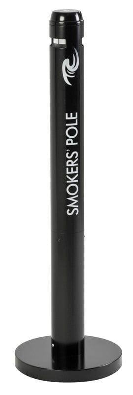 Black smokers pole with white text down the side, small rectangular apertres for disposal.  Stable on circular plate