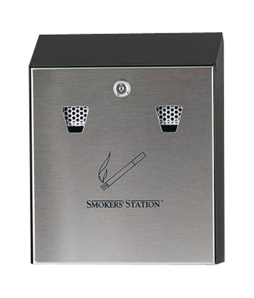 Square wall mountable cigarette bin complete with iconography.  2 small apertures for cigarettes with integrated stub plates