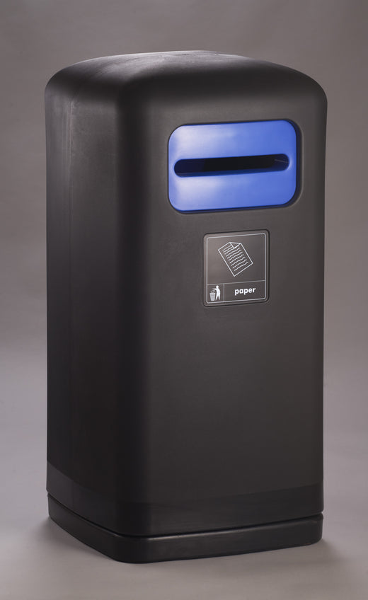 Black Shell Waste Receptacle with Blue Aperture and a tidy man sticker