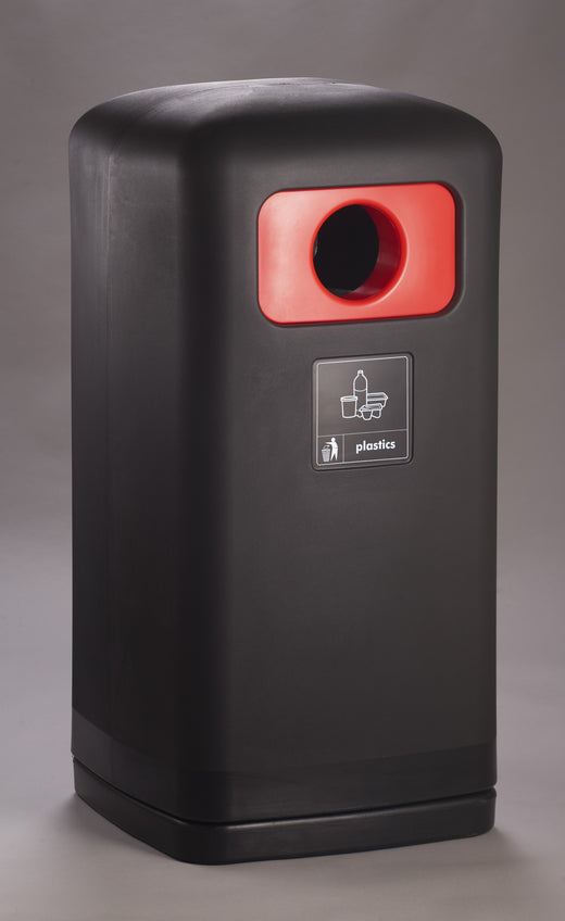 Black Bodied Trash Bin with Red Inserts