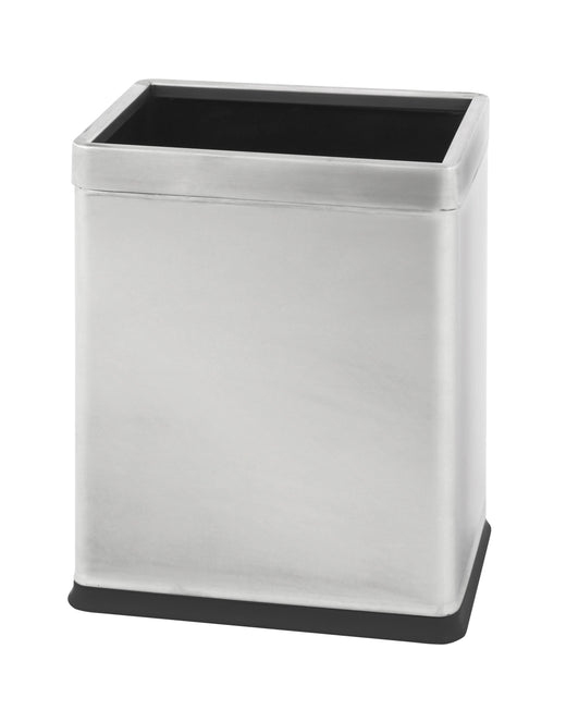 Stainless steel litter bin with black base and open top aperture