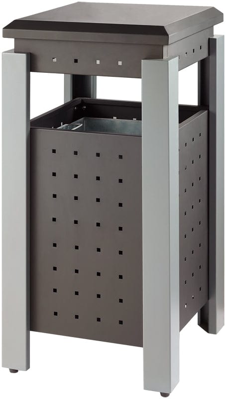 Freestanding litter bin with top cover.  All sides have square decorative holes 