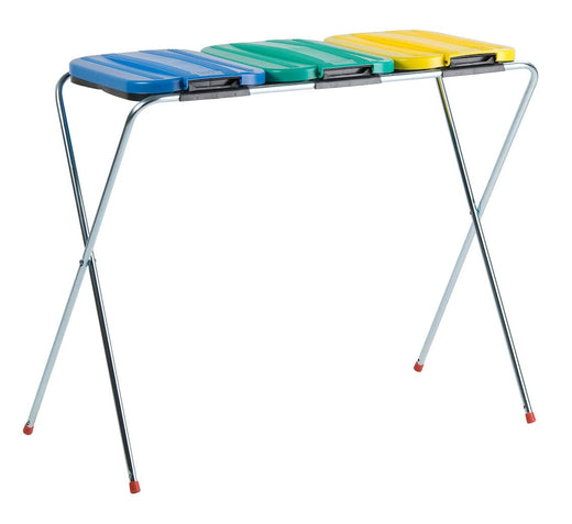 Foldable triple sack holder with blue, green & yellow coloured lids and sturdy steel frame.