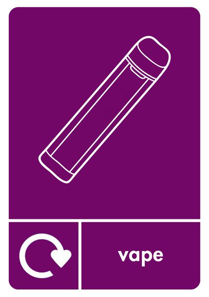 Purple recycling label with vape iconography and text with recycling loop