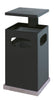 Black trash can for outdoor use is equipped with three large openings and a top-mounted cigarette tray.