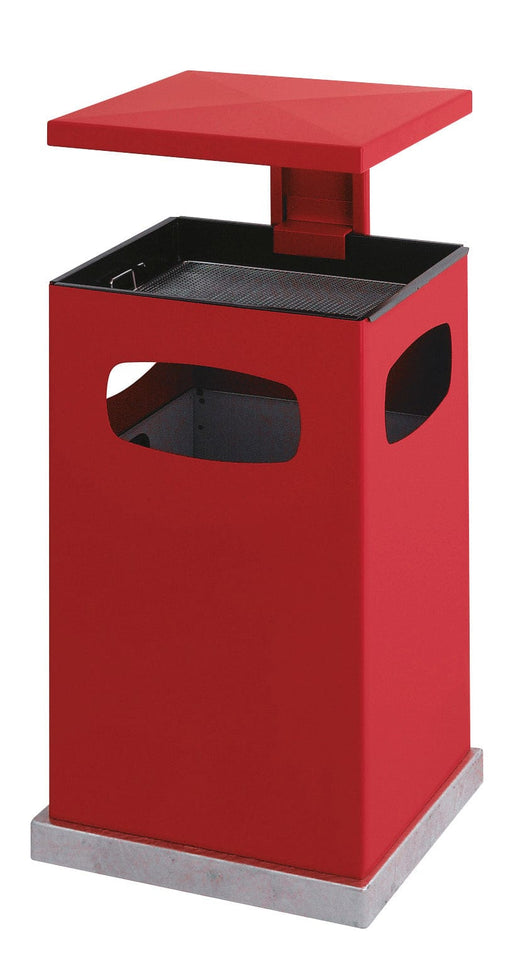 Large rubbish receptacle in red with an ashtray  on top and 3 large aperture