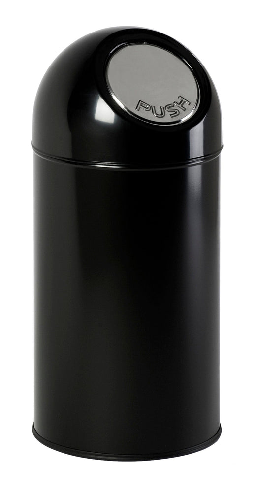All black circular litter bin with a 40 litre capacity, complete with stainless steel push flap with the wording PUSH on 