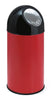 Red bodied litter bin with black domed top lid containing a stainless steel flap with wording Push on