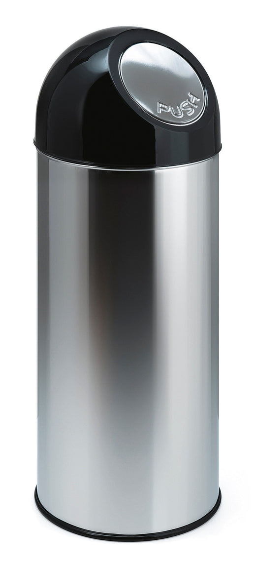 Stainless steel body with black lid, circular litter bin with push flap 