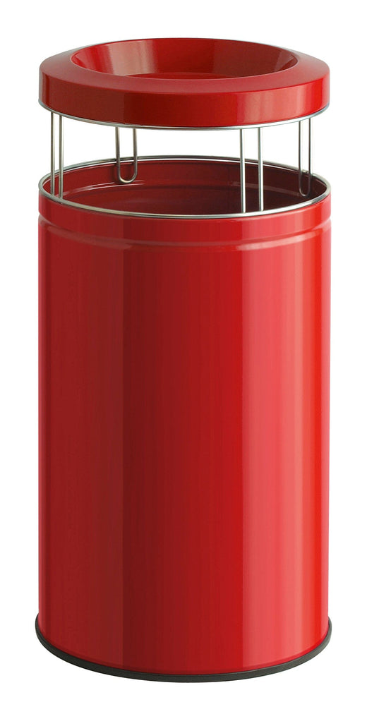 Large capacity ash and waste bin, powder coated in red with removable lid and internal bag ring