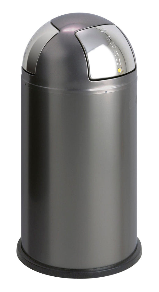 Graphite finish 2 compartment recycling bin with push flaps on each side for disposal of waste