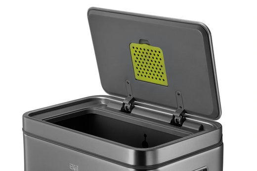 eko xcube with the lid in the open position and showing odour filter slot and opening to the bin