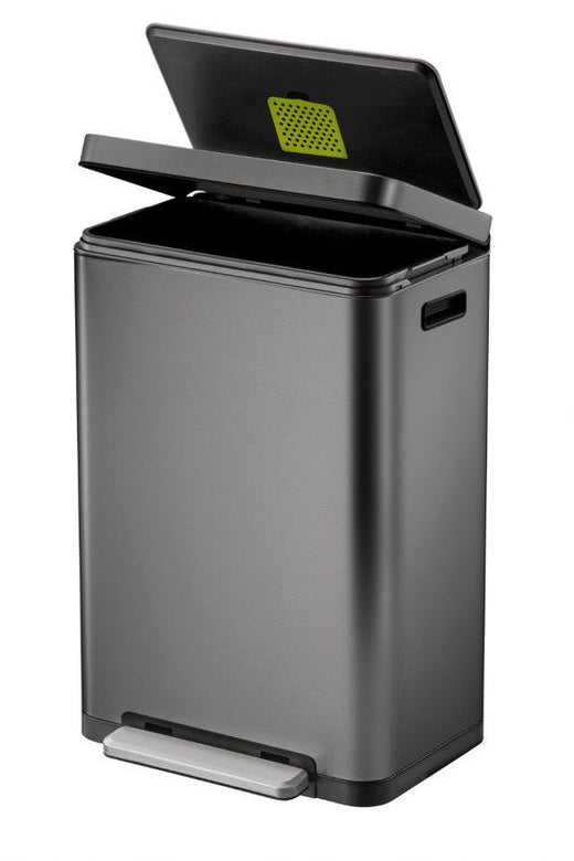Grey 45 litre pedal bin with lid in the open position and bag rim in the open position