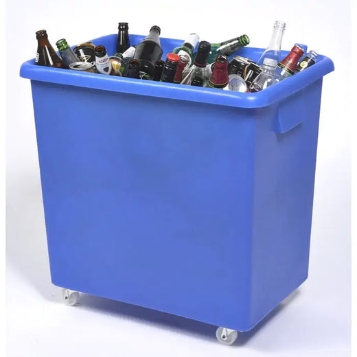Blue bottle bin skip filled with glass bottles and cans