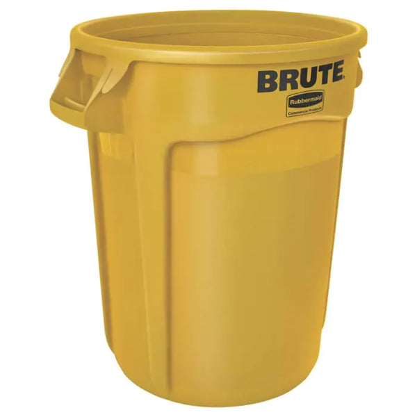 Yellow circular dustbin with large opening for waste disposal and built in carry handles for transportation