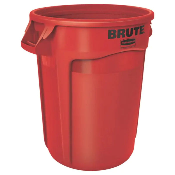 Red circular dustbin with 121 litre capacity and brute wording to the front, tapered design for stacking