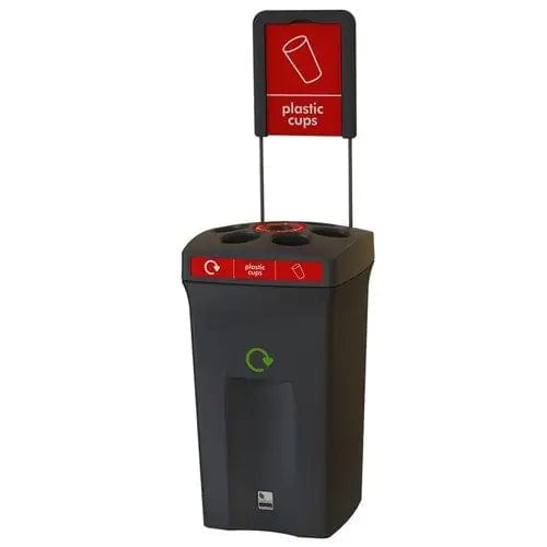 Red Plastic Cup Recycling Bin With Black Base and Signage