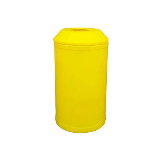 Trash bin in yellow, equipped with a wide open aperture.