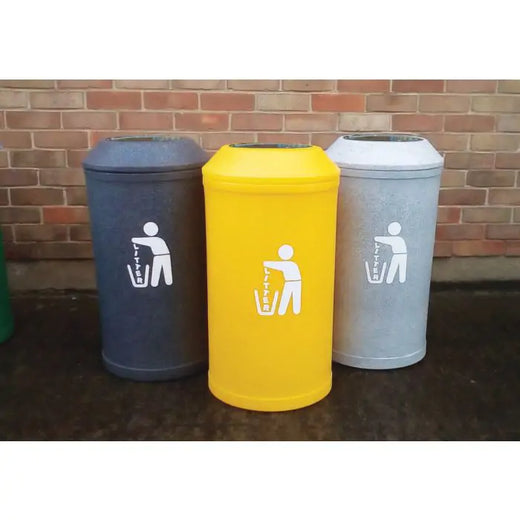 Featuring open top lids, litter signage, and a stone-effect finish, three litter bins come in grey, dark blue, and yellow.
