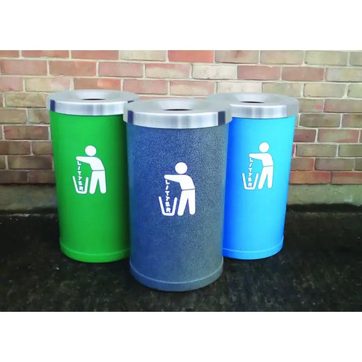 3 litter bins with stainless steel lid, litter signage, and a stone-effect finish. It comes in various colors - 1 green, 1 light blue, 1 dark blue