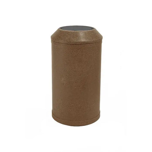 A trash can in brown with a black flip top lid