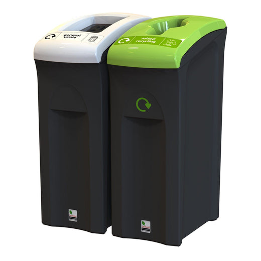 2 black bodied recycling bins. 1 has open aperture and white lid and the other has light green lid and propeller aperture. 