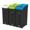 3 black recycling bins with various features: one with an open top and white lid, another with a propeller aperture and light green lid, and the last with a hole aperture and light blue lid.