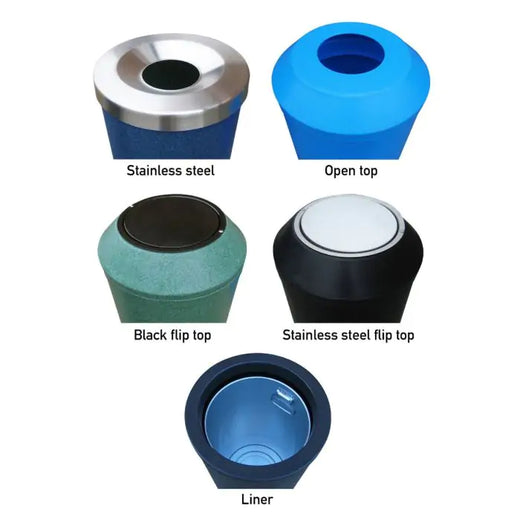 An image showing a variety of lift-off lid styles, including stainless steel, open top, black flip top, stainless steel flip-top, and a liner.