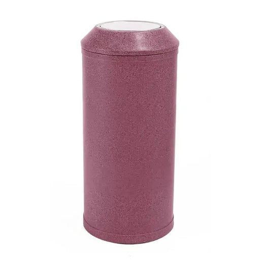 A litter bin in purple with a stone effect and detailed graphics, complete with a flip top lid