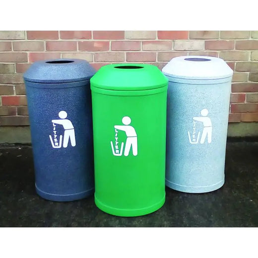 Three litter bins, in green, light blue, and dark blue, each showcasing a open top lid, litter signage, and a stone-effect finish.