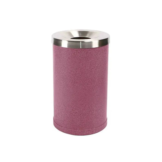 A purple litter bin featuring a stone effect and detailed graphics, complete with a detachable stainless steel lid.