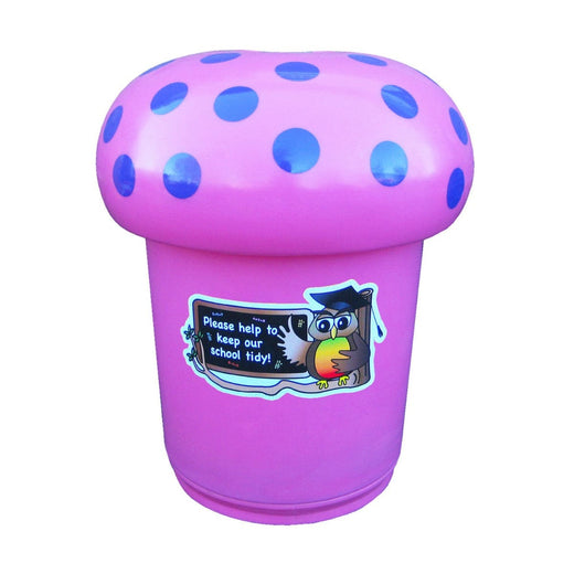 Stand-alone purple litter bin, modeled in the shape of a mushroom, with detachable twist off lids.