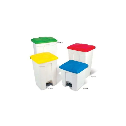 4 different sized litter bins in white and color coded lids - green, red, yellow and blue. All comes with foot pedals.