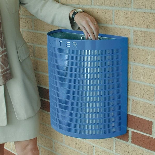 Semi circular metal litter bin, powder coated in blue.  Litter wording laser cut out with mesh fronting