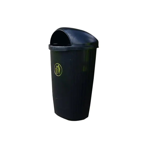 Black external mountable litter bin, domed top to aid with water runoff, complete with gold tidyman logo to the front