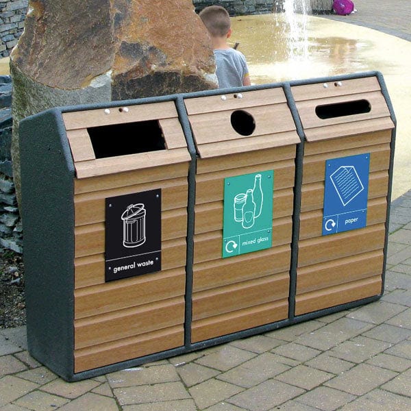 External 3 compartment recycling bin with fibreglass surround and wood slats  featuring 3 recycling streams