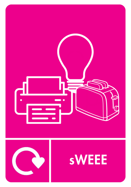 sWEE recycling label with iconograpy and recycling loop, sticker in pink