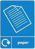 A5 recycling sticker in blue with the symbols and text for paper